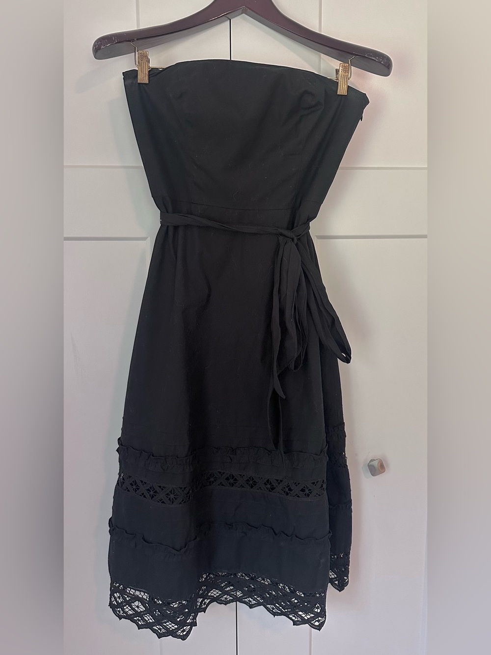 Ann Taylor LOFT Black Strapless 100% Cotton Cocktail Party Dress with Waist‎ Tie